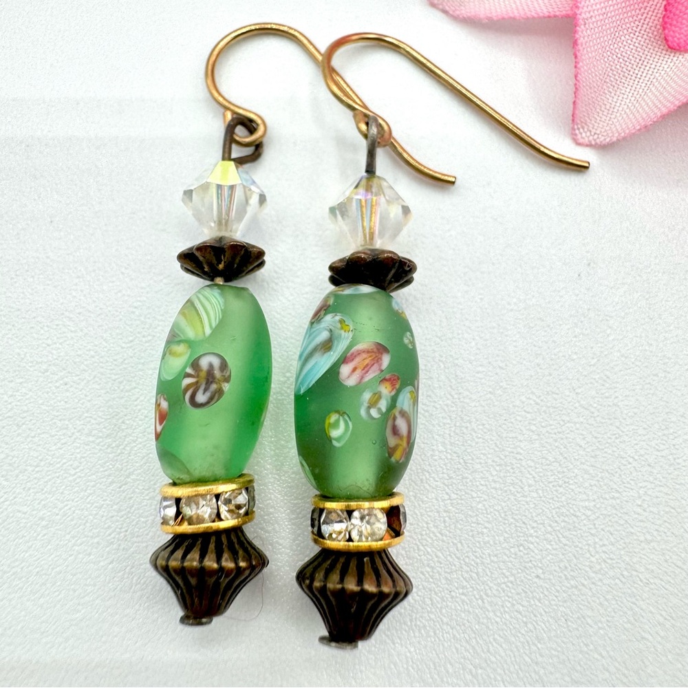 Artsy Frosted Green Lampwork Bead AB Crystal Rhinestone Rondelle Dangle Earrings